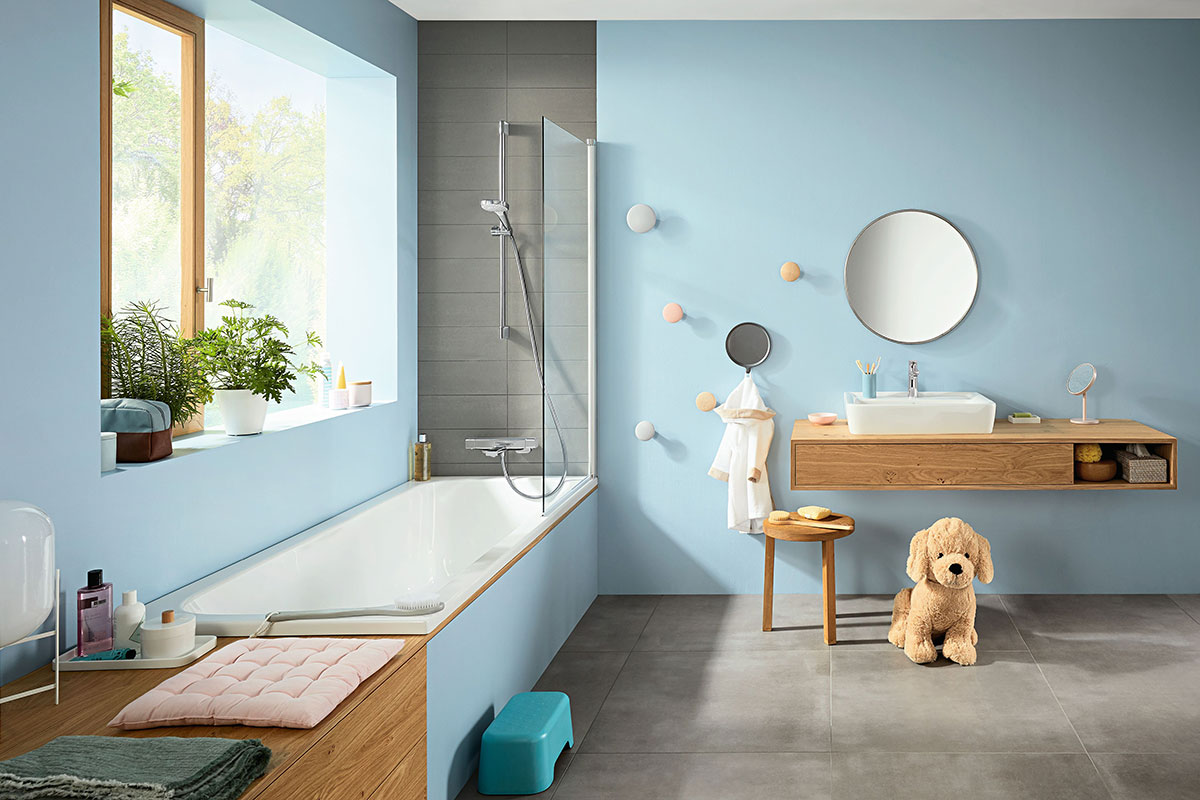 Family bathroom ideas with large bath and vanity