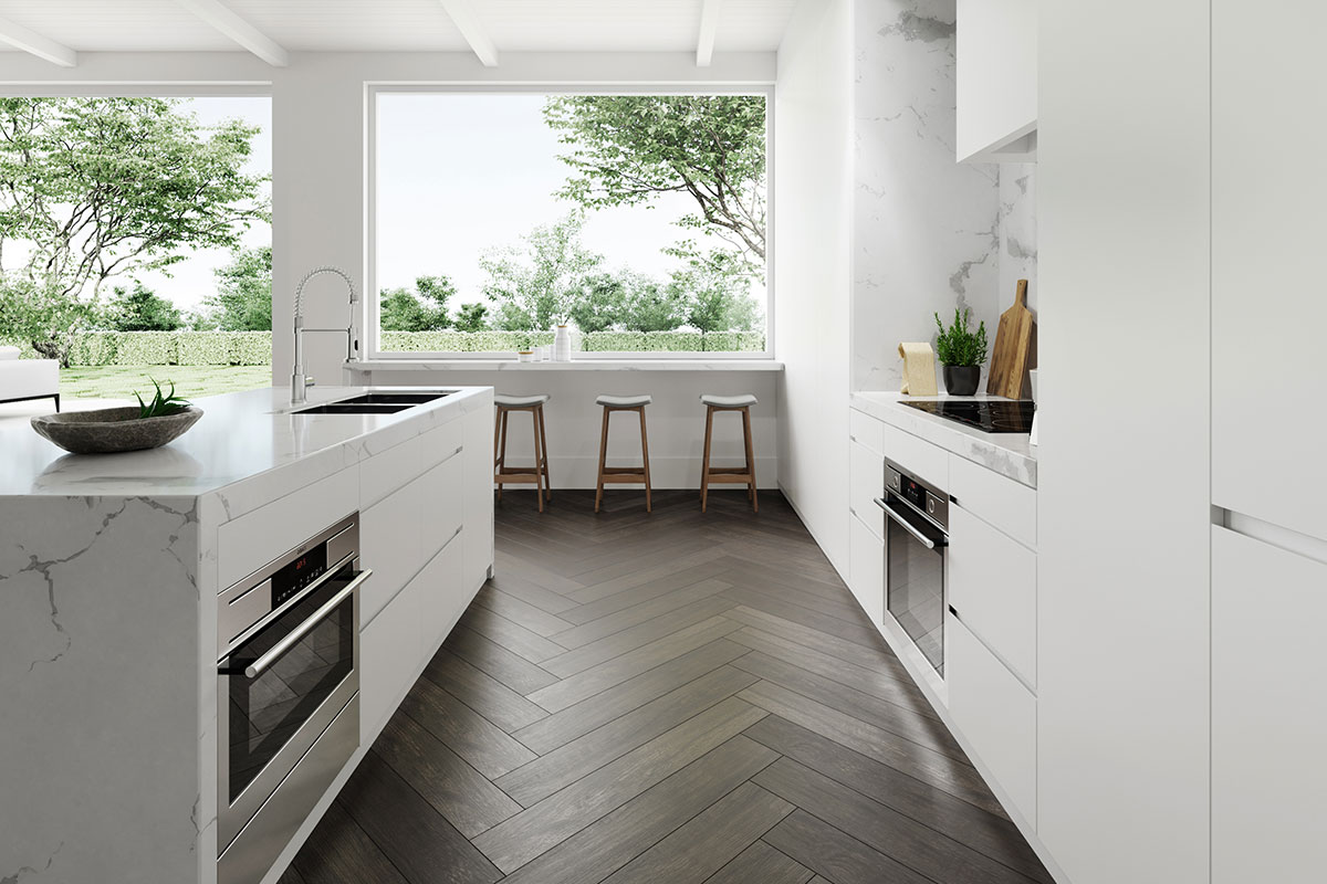 dark wood-effect porcelain tiles in a white kitchen