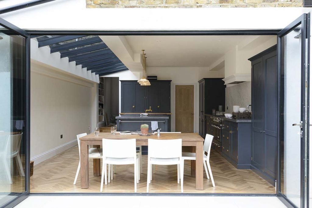 navy cabinetry and skylight