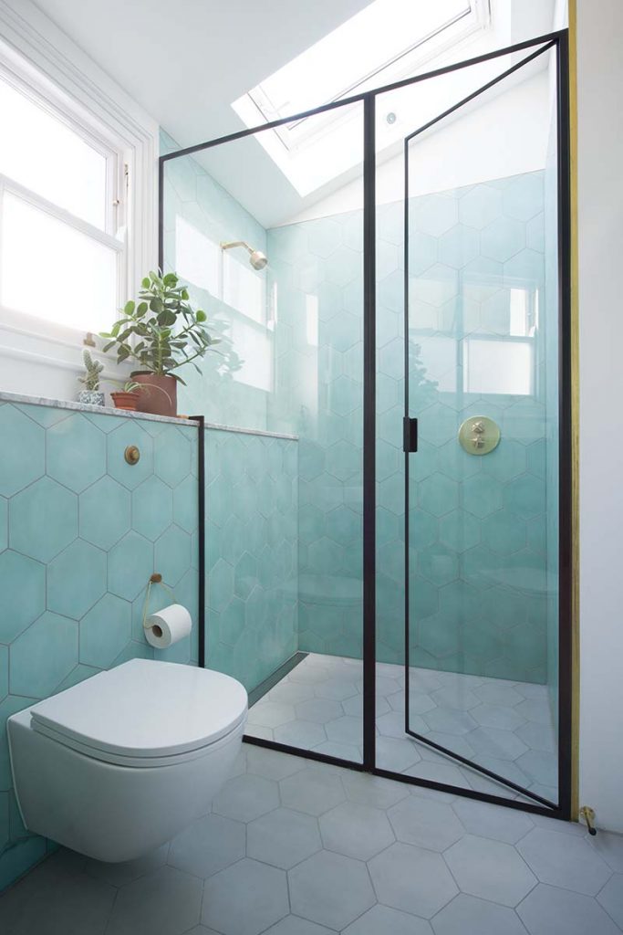 Aqua and grey bathroom