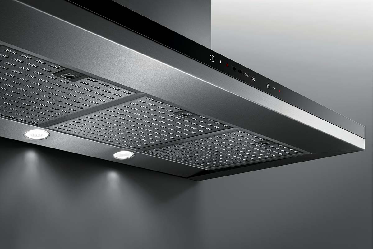 a chimney extractor in brushed steel and black