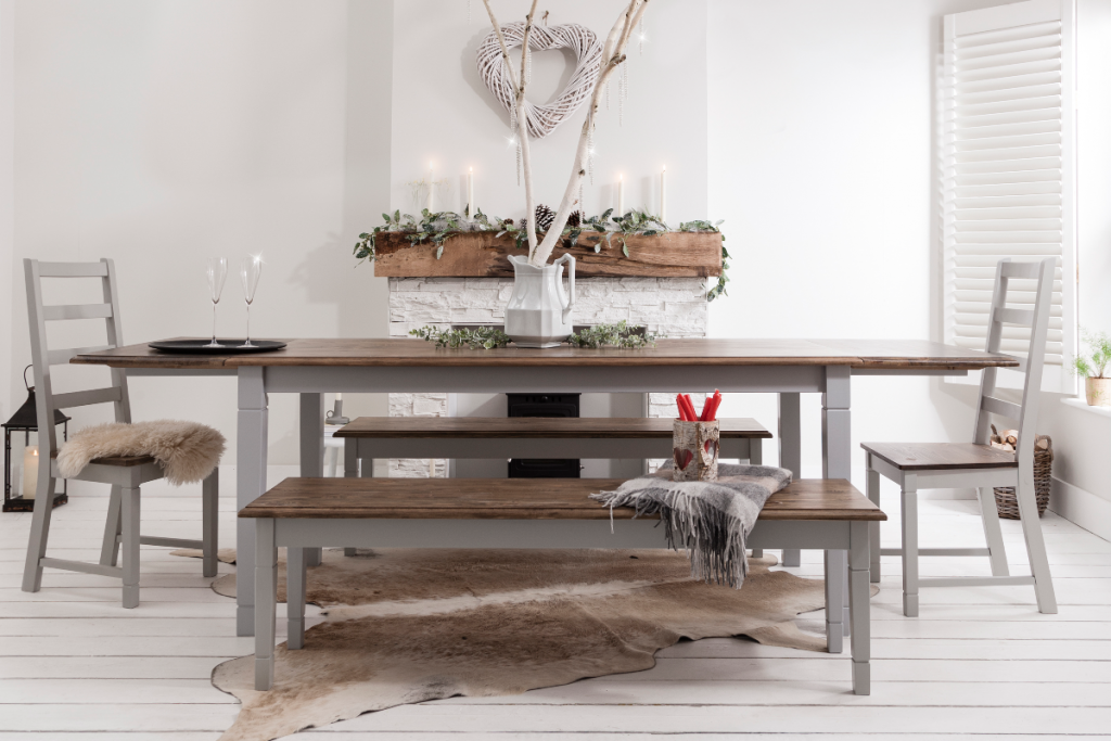 Faux fur rug and seat cushions in dining room
