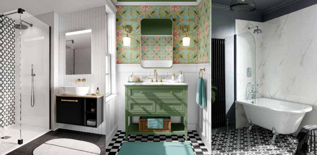 three different Art Deco bathrooms with monochrome floor tiles and rectangular wall mirrors