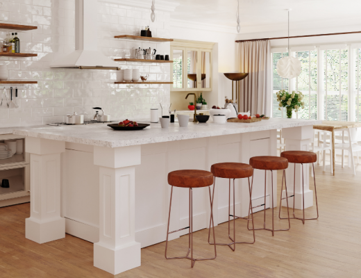 a kitchen layout with four red stools under a white kitchen island