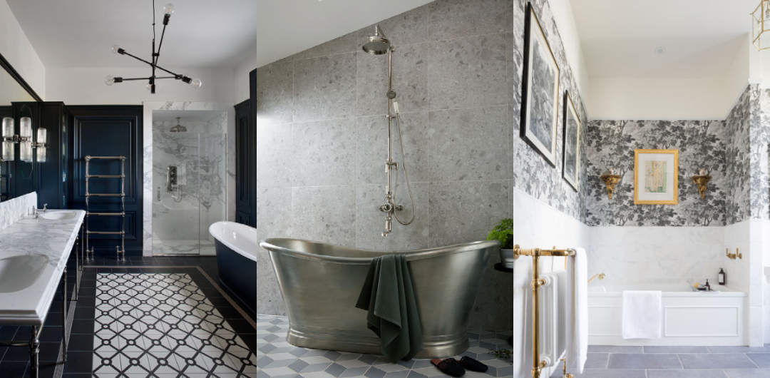 a traditional bathroom with a silver roll top bath and shower above it