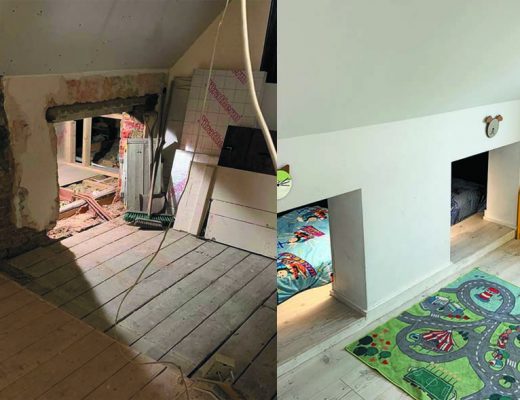 different before and after shots of a kids' bedroom renovation