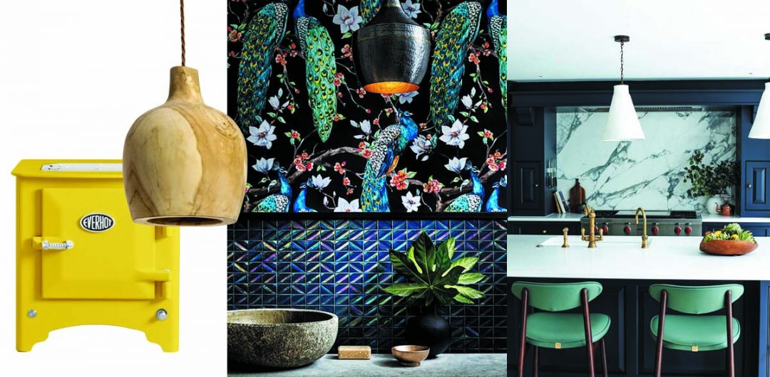 a selection of products for sustainable interiors including bright fabrics, pendant lights and a bathroom basin
