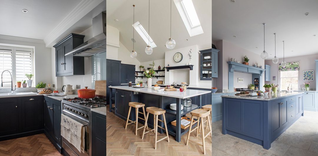 a blue shaker-style kitchen featuring wooden stools around a marble kitchen island