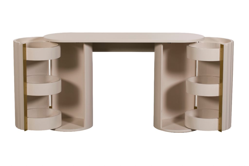 a modern beige dressing room table