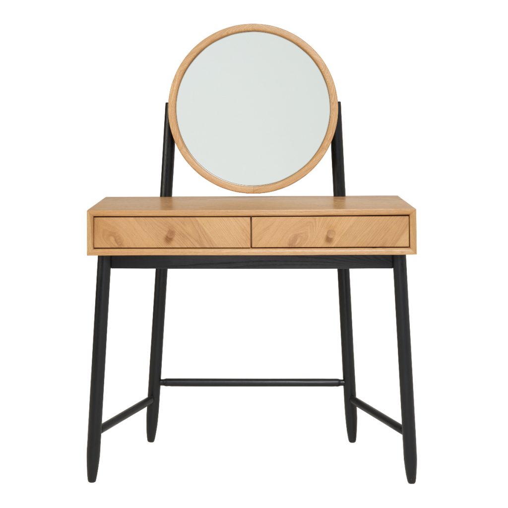 a Monza Bedroom table in patina oak with black legs and a round oak mirror