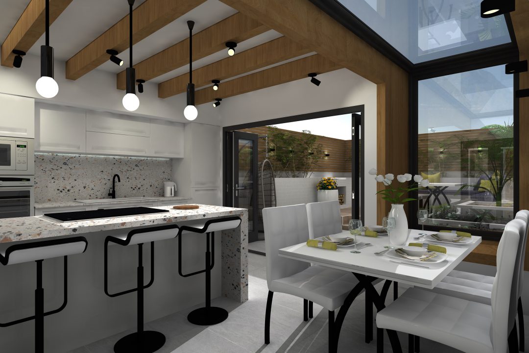 a modern kitchen in a traditional space with wooden beams and black pendant lights