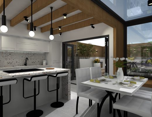 a modern kitchen in a traditional space with wooden beams and black pendant lights
