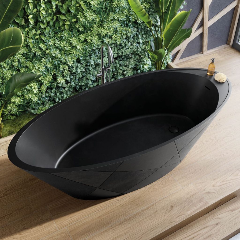 a freestanding bathtub featuring geometric lines